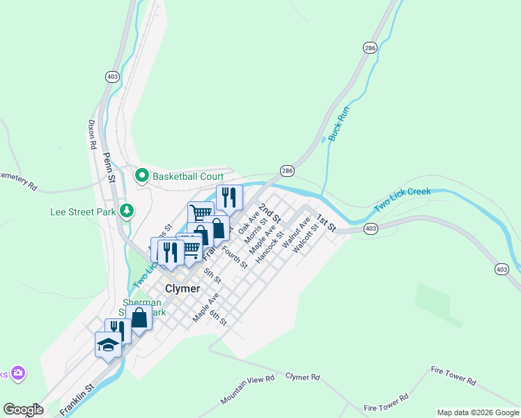 map of restaurants, bars, coffee shops, grocery stores, and more near 212 Oak Avenue in Clymer