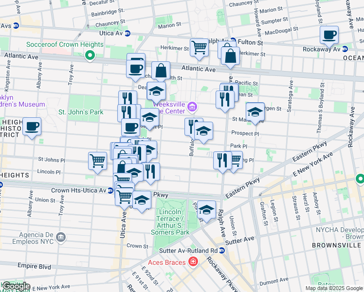 map of restaurants, bars, coffee shops, grocery stores, and more near 1544 Park Place in Brooklyn