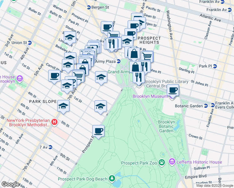 map of restaurants, bars, coffee shops, grocery stores, and more near 1 Prospect Park West in Brooklyn
