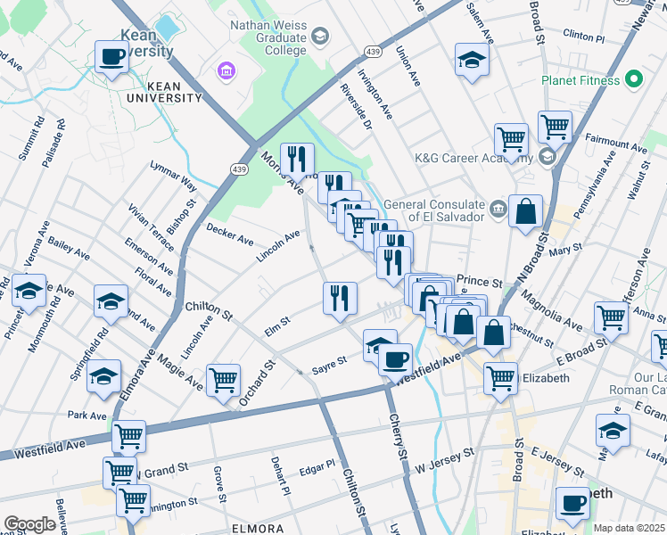 map of restaurants, bars, coffee shops, grocery stores, and more near 34 Stiles Street in Elizabeth