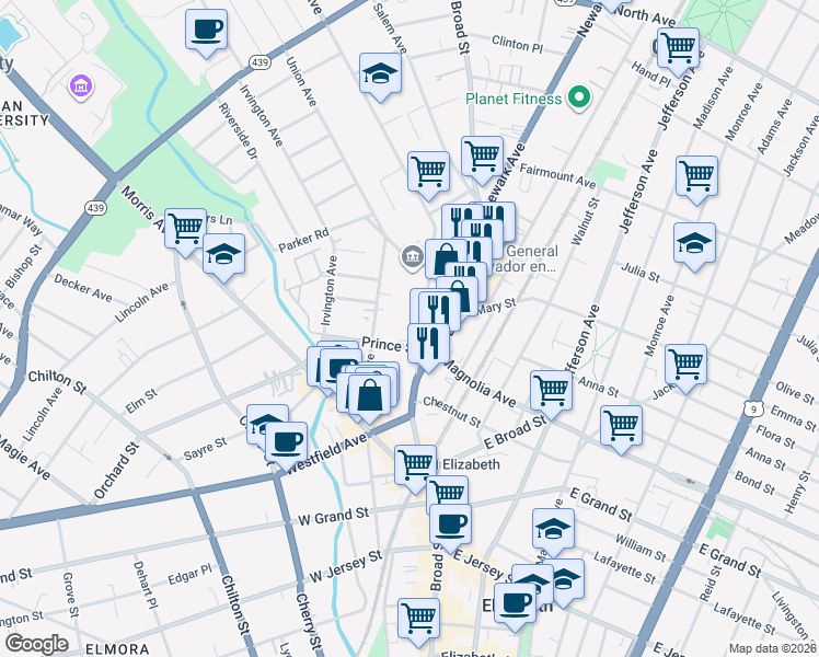 map of restaurants, bars, coffee shops, grocery stores, and more near 406 Westminster Avenue in Elizabeth