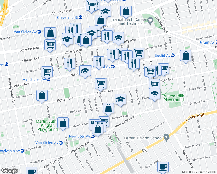 map of restaurants, bars, coffee shops, grocery stores, and more near 490 Essex Street in Brooklyn