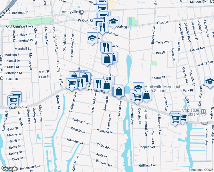 map of restaurants, bars, coffee shops, grocery stores, and more near 47 Broadway in Amityville