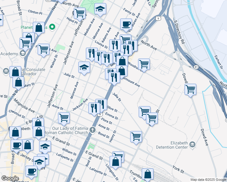 map of restaurants, bars, coffee shops, grocery stores, and more near 561-569 Spring Street in Elizabeth