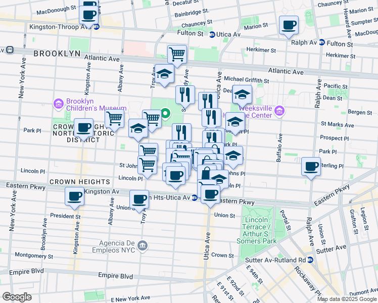 map of restaurants, bars, coffee shops, grocery stores, and more near 1328 Park Place in Brooklyn
