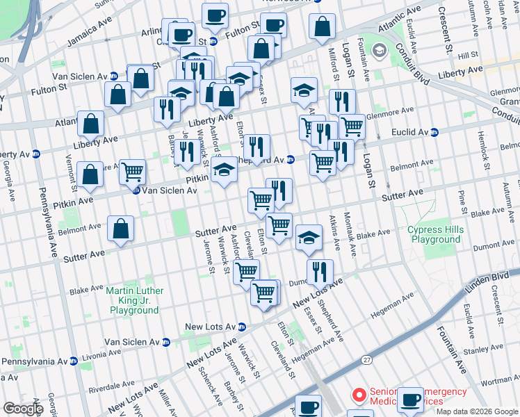 map of restaurants, bars, coffee shops, grocery stores, and more near 522 Linwood Street in Brooklyn