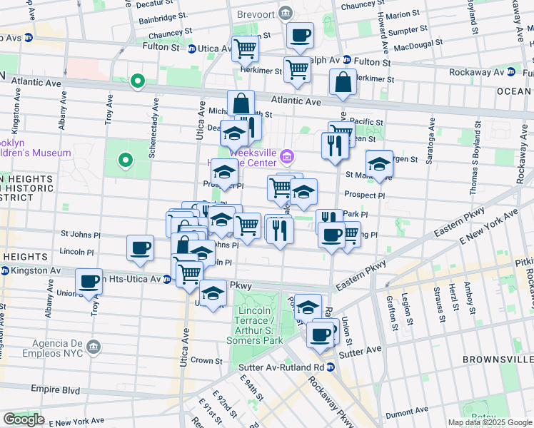 map of restaurants, bars, coffee shops, grocery stores, and more near 1551 Park Place in Brooklyn