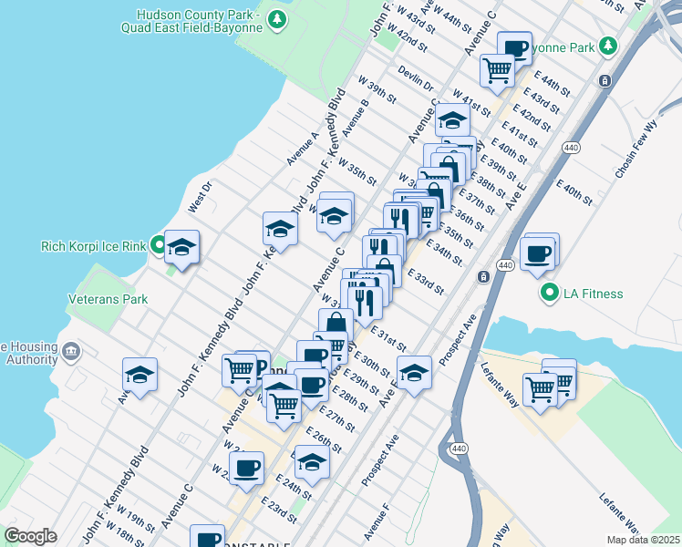 map of restaurants, bars, coffee shops, grocery stores, and more near 44 West 33rd Street in Bayonne