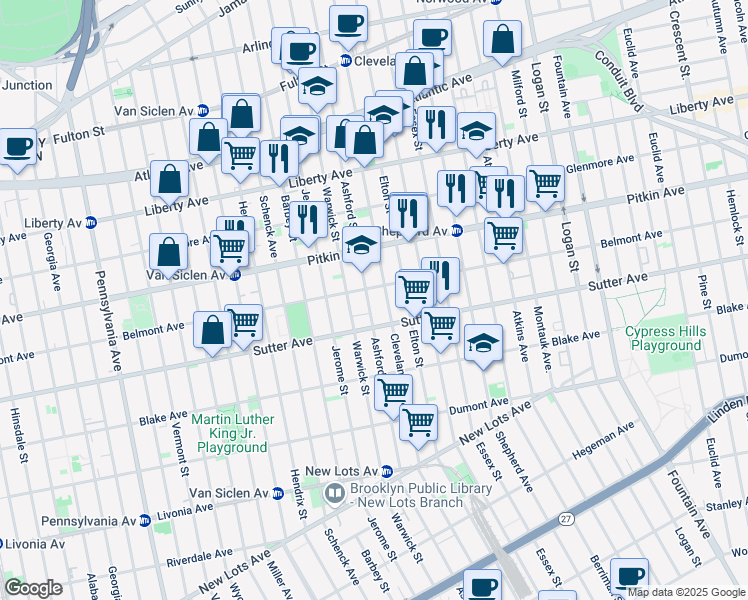 map of restaurants, bars, coffee shops, grocery stores, and more near 695 Belmont Avenue in Brooklyn