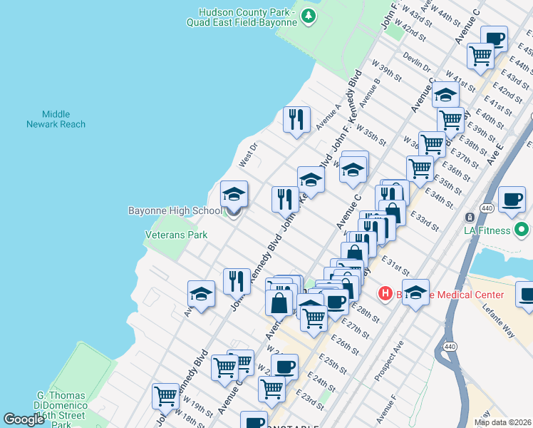 map of restaurants, bars, coffee shops, grocery stores, and more near 143 West 30th Street in Bayonne