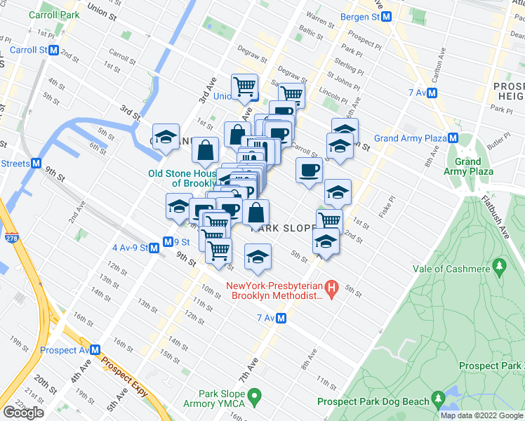 map of restaurants, bars, coffee shops, grocery stores, and more near 341 5th Avenue in Brooklyn