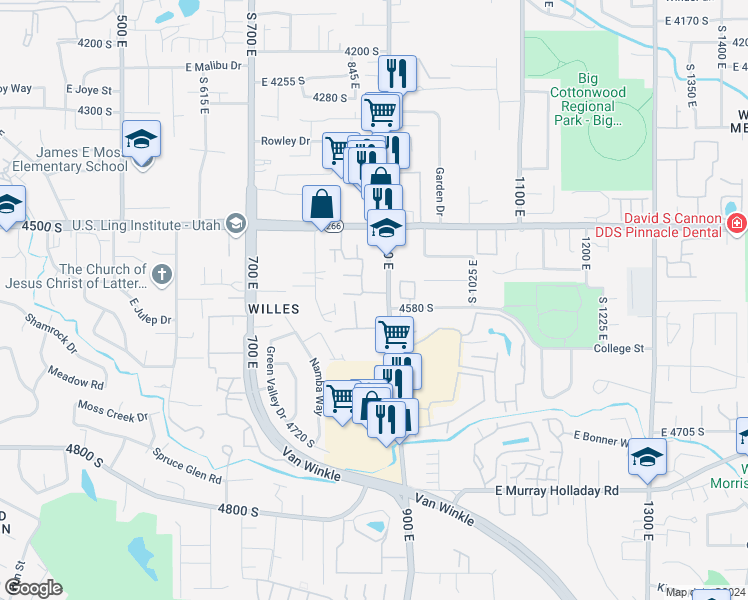 map of restaurants, bars, coffee shops, grocery stores, and more near 4560 Jerrie Lee Lane in Millcreek