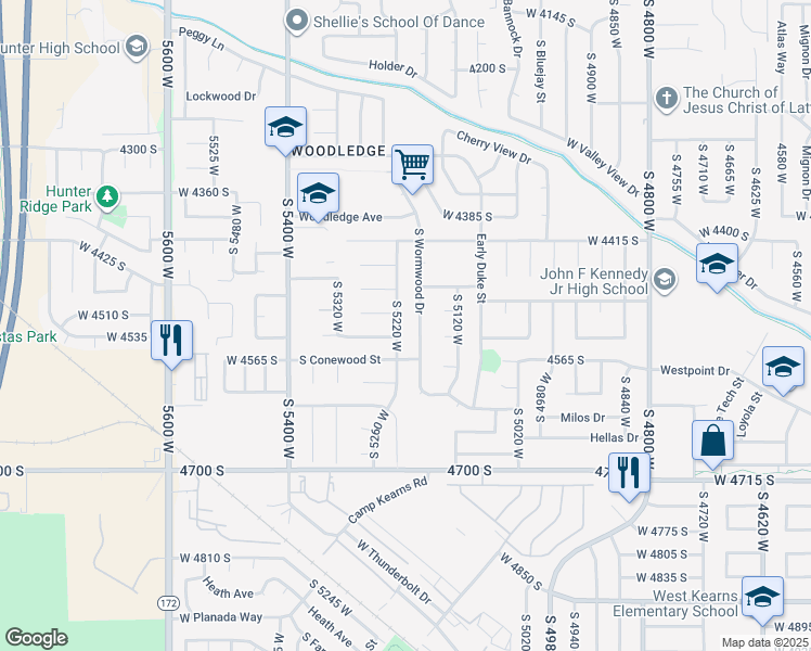 map of restaurants, bars, coffee shops, grocery stores, and more near 4497 South Woodgrove Drive in West Valley City