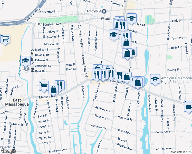 map of restaurants, bars, coffee shops, grocery stores, and more near 9 Southwood Lane in Amityville