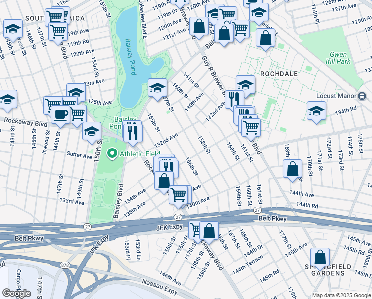 map of restaurants, bars, coffee shops, grocery stores, and more near 132-27 157th Street in Queens