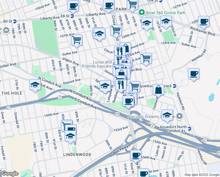 map of restaurants, bars, coffee shops, grocery stores, and more near 90-42 Pitkin Avenue in Queens