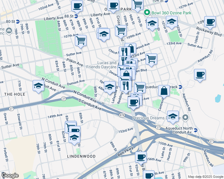 map of restaurants, bars, coffee shops, grocery stores, and more near 90-42 Pitkin Avenue in Queens