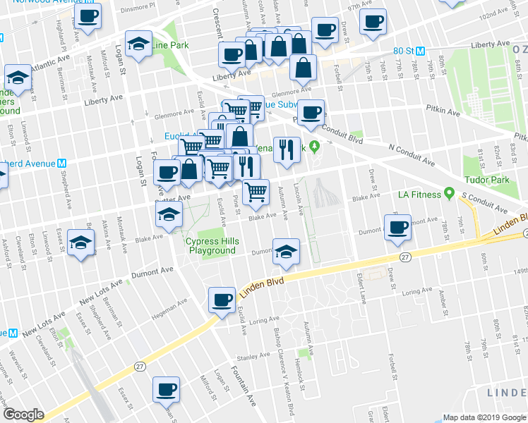 map of restaurants, bars, coffee shops, grocery stores, and more near 623 Crescent Street in Brooklyn