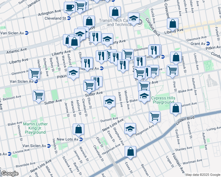 map of restaurants, bars, coffee shops, grocery stores, and more near 250 Berriman Street in Brooklyn