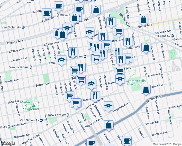 map of restaurants, bars, coffee shops, grocery stores, and more near 250 Berriman Street in Brooklyn