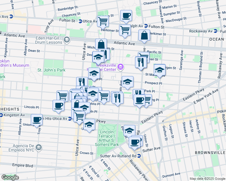 map of restaurants, bars, coffee shops, grocery stores, and more near 1551 Park Place in Brooklyn