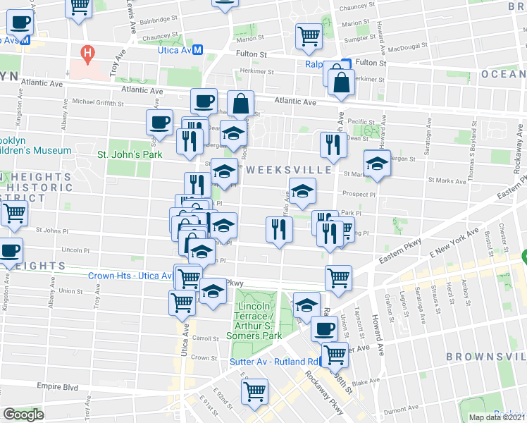 map of restaurants, bars, coffee shops, grocery stores, and more near 1551 Park Place in Brooklyn