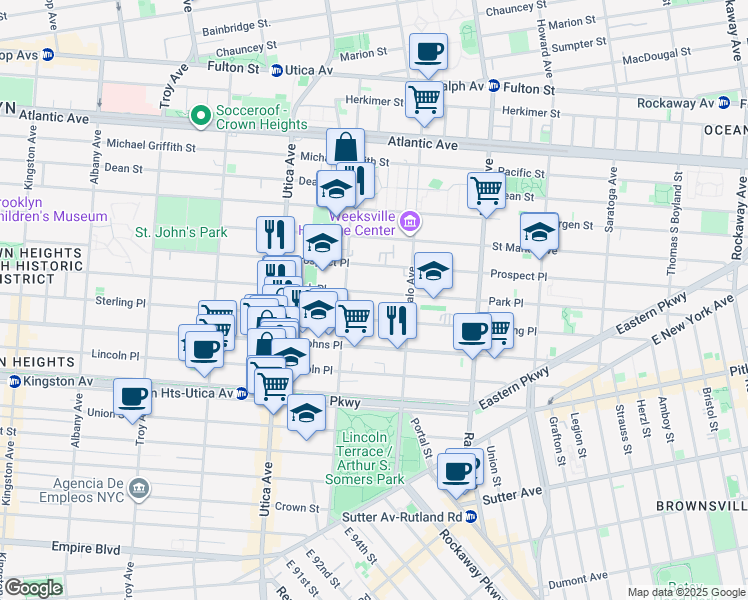 map of restaurants, bars, coffee shops, grocery stores, and more near 1505 Park Place in Brooklyn