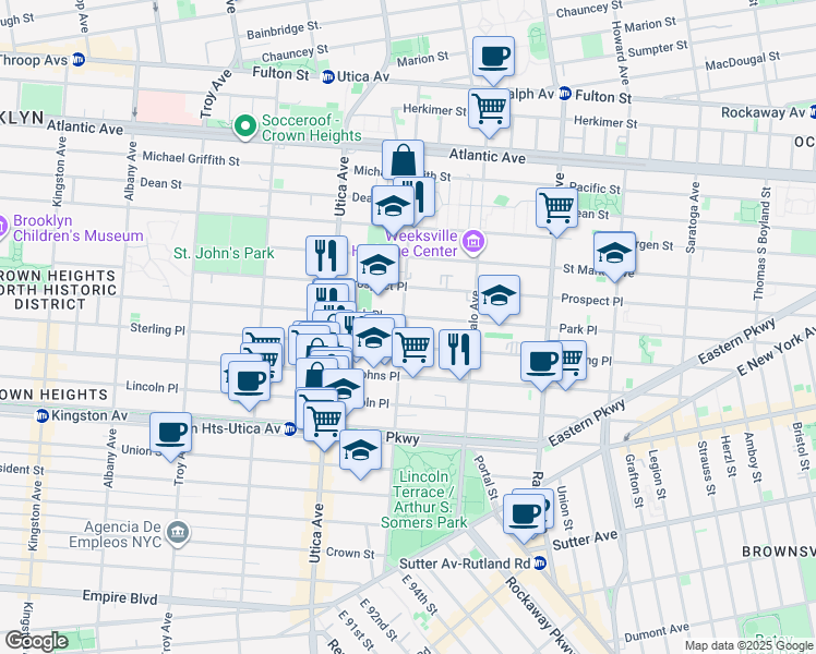 map of restaurants, bars, coffee shops, grocery stores, and more near 1505 Park Place in Brooklyn