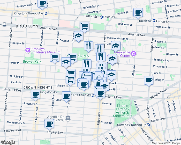 map of restaurants, bars, coffee shops, grocery stores, and more near 1328 Park Place in Brooklyn