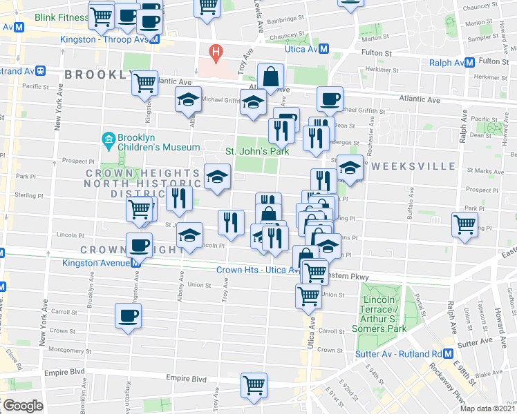 map of restaurants, bars, coffee shops, grocery stores, and more near 1282 Park Place in Brooklyn
