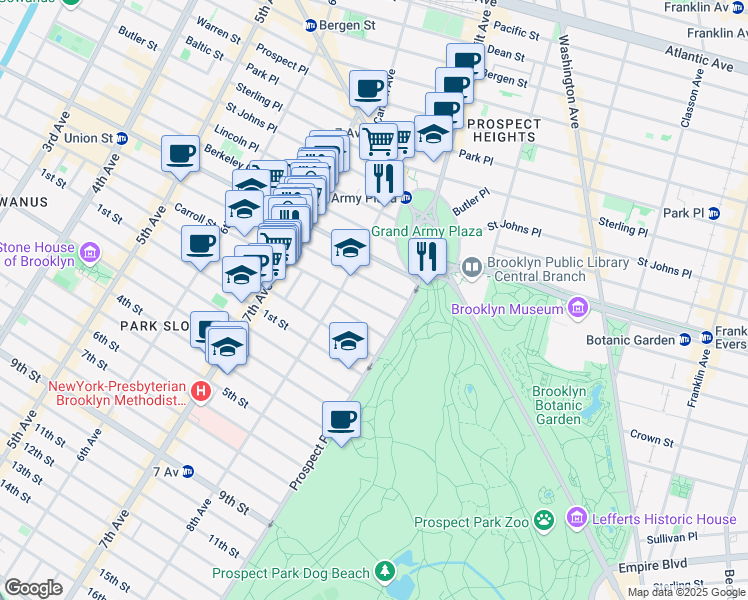 map of restaurants, bars, coffee shops, grocery stores, and more near 916 President Street in Brooklyn