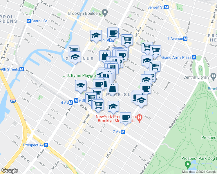 map of restaurants, bars, coffee shops, grocery stores, and more near 341 5th Avenue in Brooklyn