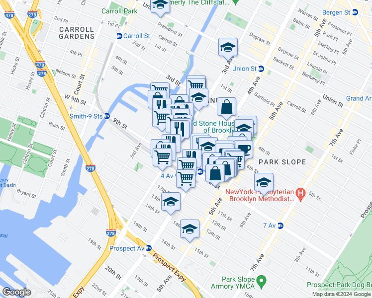 map of restaurants, bars, coffee shops, grocery stores, and more near 415 3rd Avenue in Brooklyn