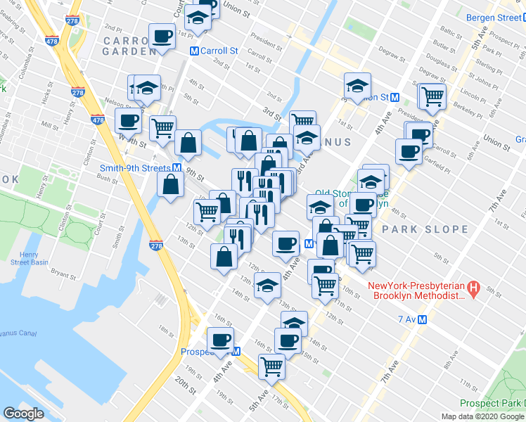 map of restaurants, bars, coffee shops, grocery stores, and more near 122 8th Street in Brooklyn