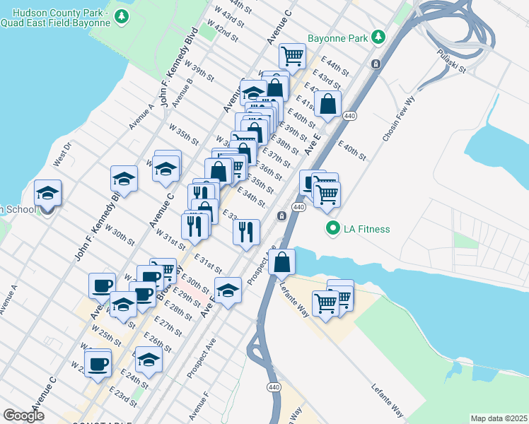 map of restaurants, bars, coffee shops, grocery stores, and more near 38 East 34th Street in Bayonne