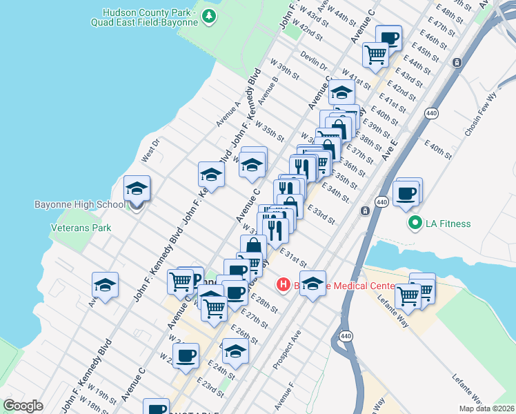 map of restaurants, bars, coffee shops, grocery stores, and more near 44 West 33rd Street in Bayonne