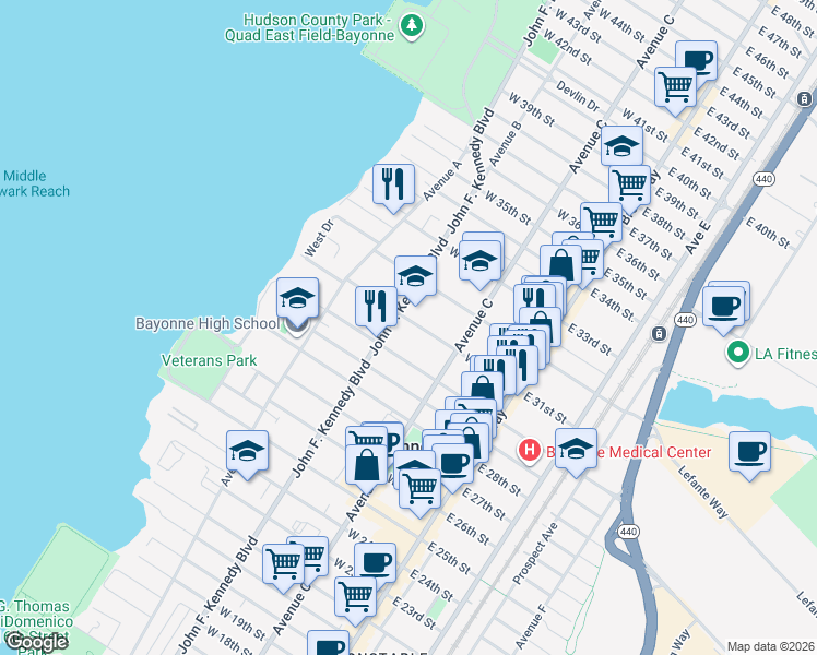 map of restaurants, bars, coffee shops, grocery stores, and more near 100 West 31st Street in Bayonne