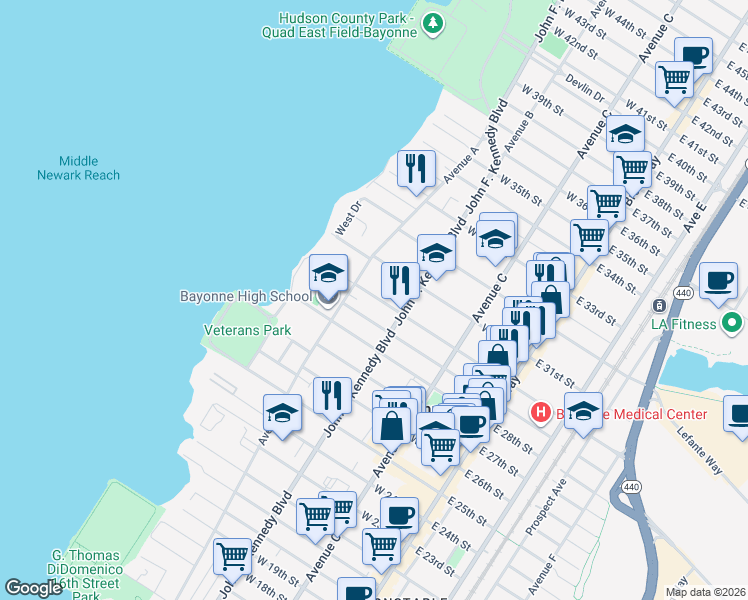 map of restaurants, bars, coffee shops, grocery stores, and more near 143 West 30th Street in Bayonne