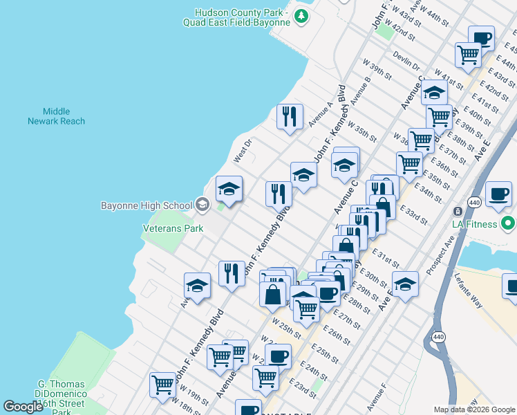 map of restaurants, bars, coffee shops, grocery stores, and more near 143 West 30th Street in Bayonne