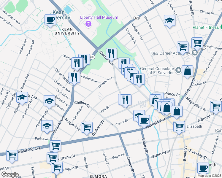 map of restaurants, bars, coffee shops, grocery stores, and more near 118 Lincoln Avenue in Elizabeth