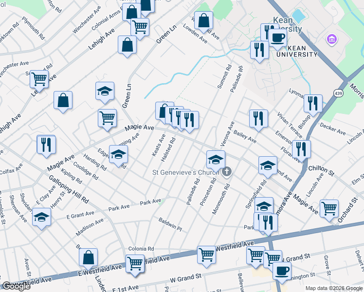 map of restaurants, bars, coffee shops, grocery stores, and more near 934 Magie Avenue in Elizabeth