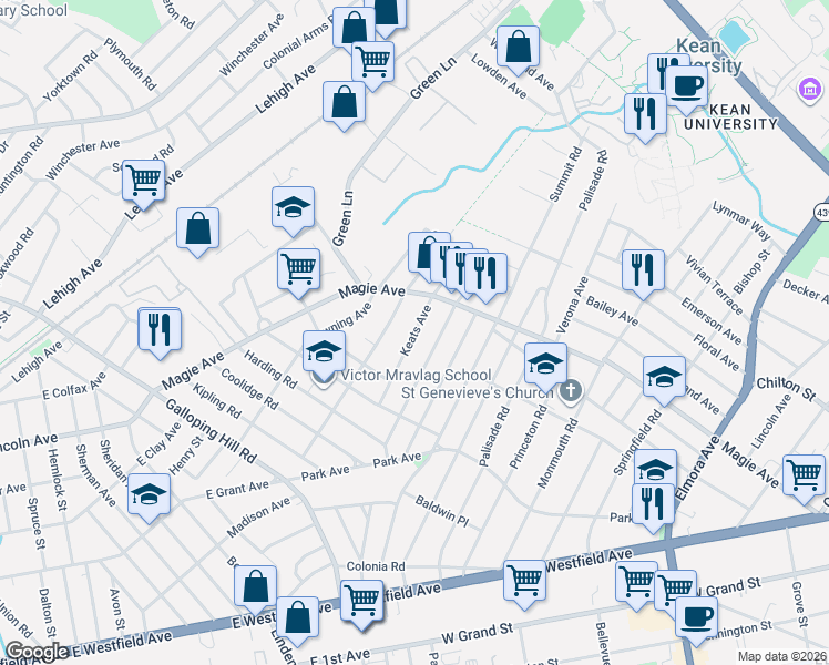 map of restaurants, bars, coffee shops, grocery stores, and more near 246 Keats Avenue in Elizabeth