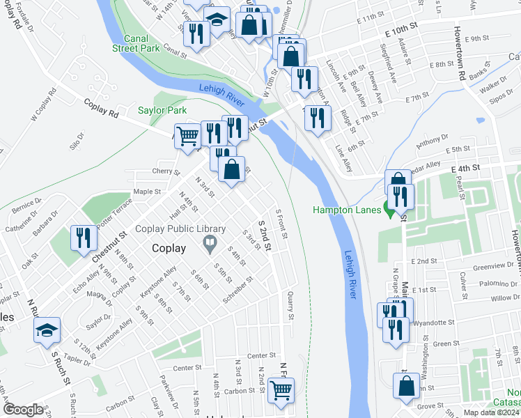map of restaurants, bars, coffee shops, grocery stores, and more near 123 Keystone Alley in Coplay