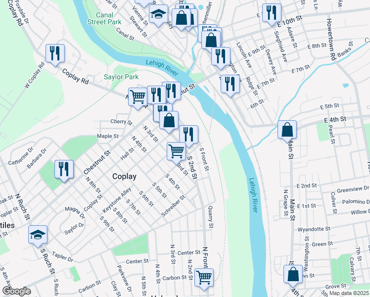 map of restaurants, bars, coffee shops, grocery stores, and more near 123 Keystone Alley in Coplay
