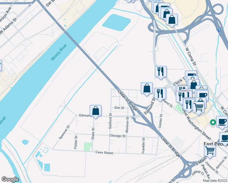 map of restaurants, bars, coffee shops, grocery stores, and more near 498 Richland Street in East Peoria