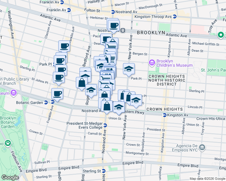 map of restaurants, bars, coffee shops, grocery stores, and more near 865 Saint Johns Place in Brooklyn