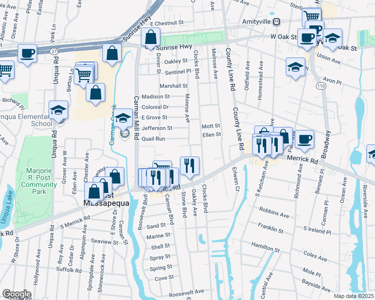 map of restaurants, bars, coffee shops, grocery stores, and more near 10 Oakley Avenue in Massapequa