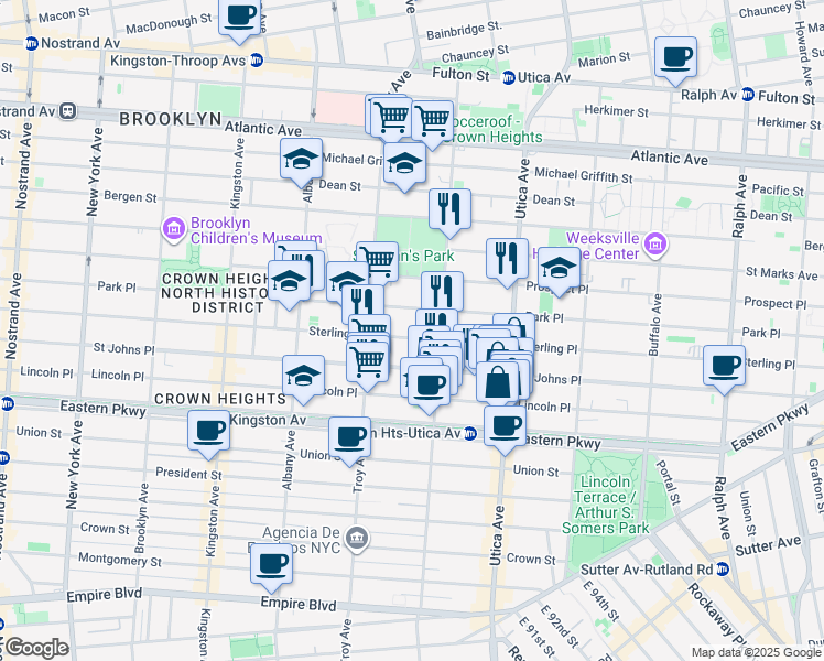 map of restaurants, bars, coffee shops, grocery stores, and more near 1282 Park Place in Brooklyn