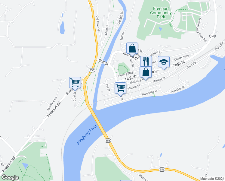 map of restaurants, bars, coffee shops, grocery stores, and more near 109 Market Street in Freeport