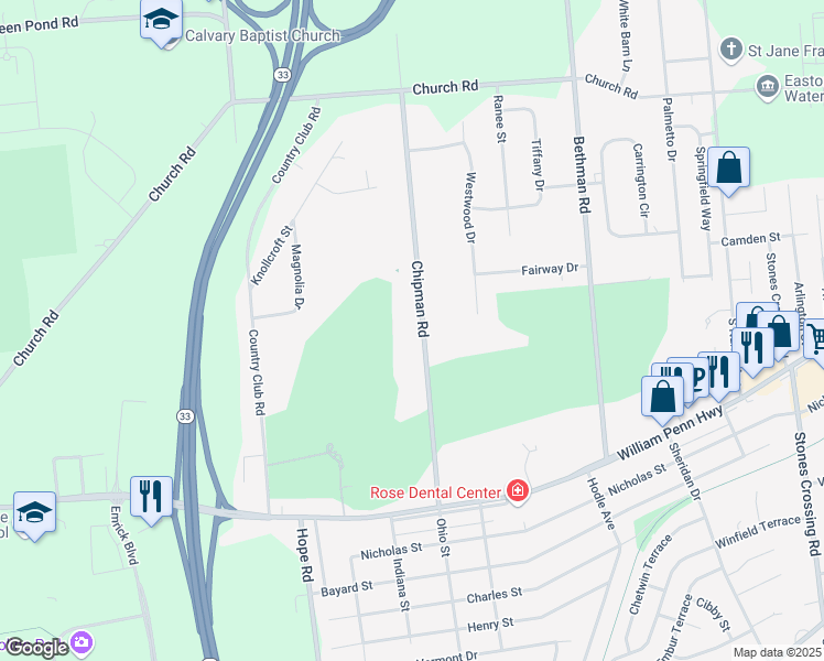 map of restaurants, bars, coffee shops, grocery stores, and more near 3501 Chipman Road in Easton